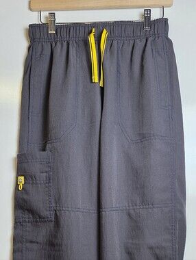 Spread Good Cheer Grey Cargo Scrub Pants Yellow Drawstring Size Medium Utility